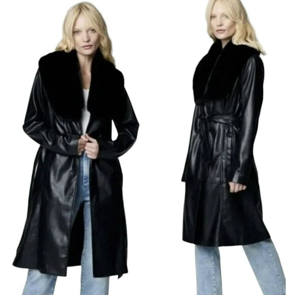 Revolve Blank NYC Black Fur Trench Coat Large Vegan Faux Leather Jacket NWT - Picture 2 of 11